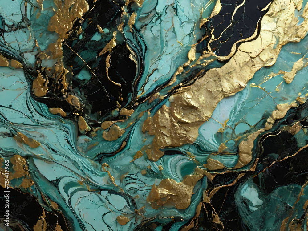 marble polished stone surface with gold vein textured background in aqua green and black made with generative ai