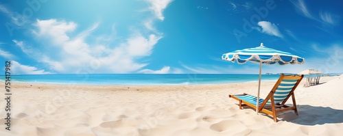 Landscape summer vacation holiday travel ocean sea beach background banner panorama - Wooden sun loungers, lounge chair and parasol on the sand, blue sky and sunshine