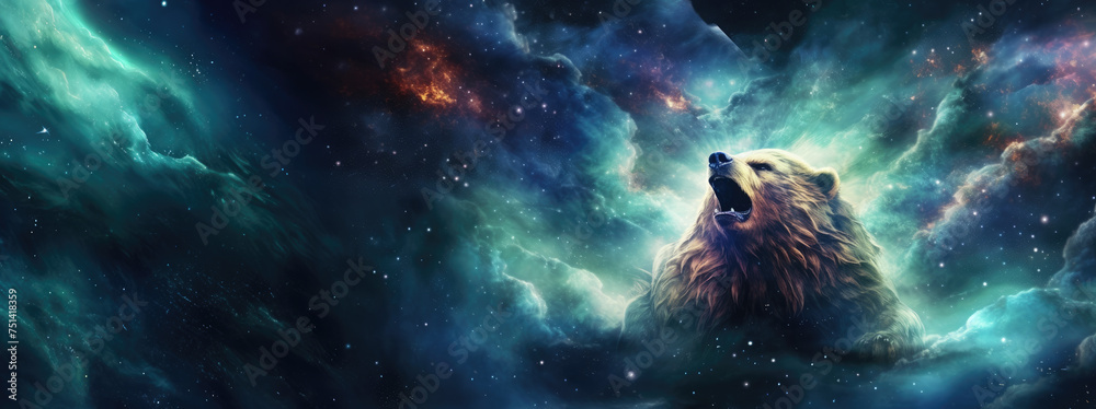 Majestic bear superimposed on stunning space background, featuring colorful nebulae, shimmering stars, and cosmic dust clouds, creating a surreal and inspiring scene.  - obrazy, fototapety, plakaty 