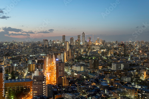 東京都文京区後楽園から見た東京の夜の都市の景色