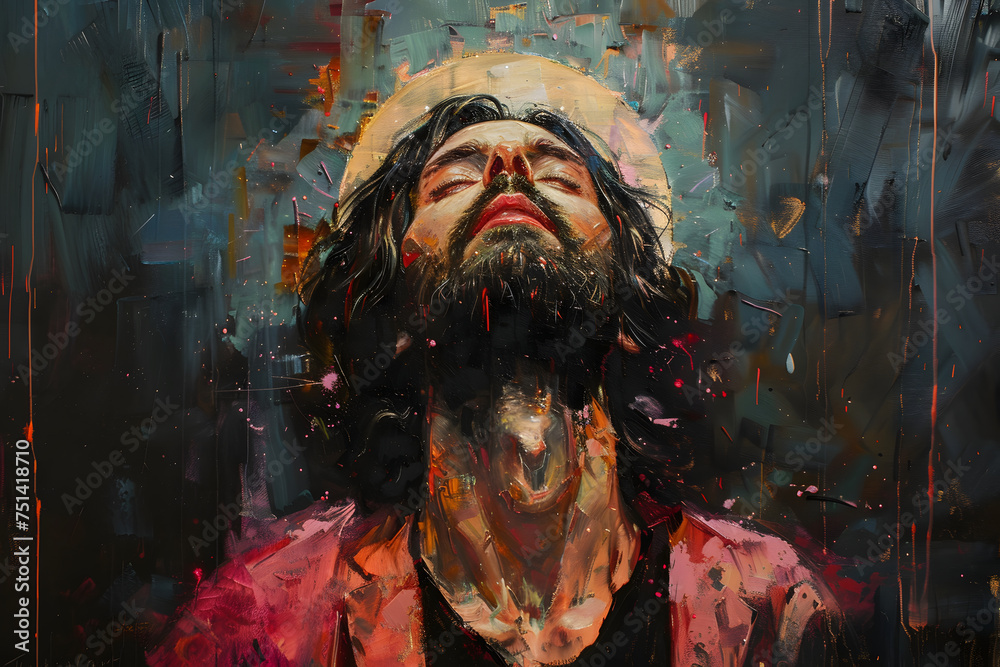 Expressive Portrait of Jesus Christ with Eyes Closed - obrazy, fototapety, plakaty 