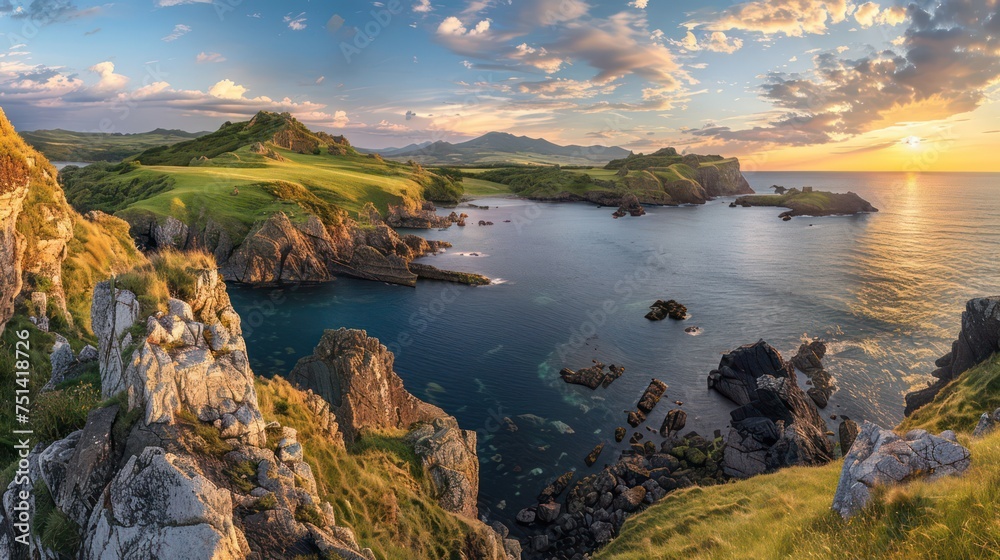 Fototapeta premium A stunning morning panoramic view with cliffs, beaches, rivers, and abundant greenery against a clear sky. The perfect wallpaper for a peaceful nature setting.