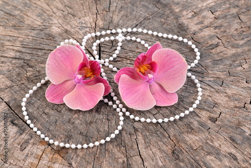 Orchid, pink flowers with pearls, on wooden background.