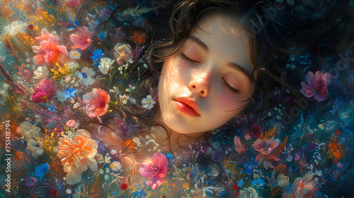 Dreamlike Portrait of Girl Surrounded by Flowers