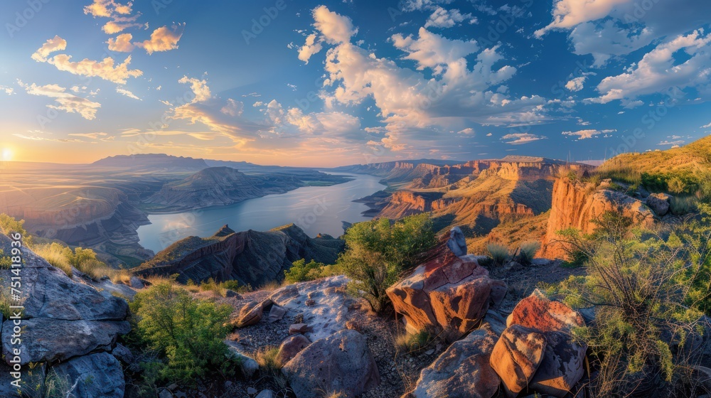 Fototapeta premium A stunning morning panoramic view with cliffs, beaches, rivers, and abundant greenery against a clear sky. The perfect wallpaper for a peaceful nature setting.