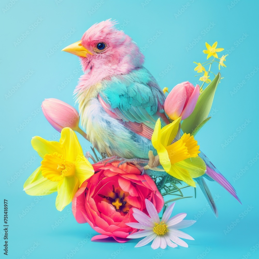 Cute little colourful chicks with spring flowers. Easter theme. 