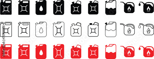 Set of Fuel can icons in flat styles with editable stock. Handle jerry can. Petrol and Gasoline jerry can signs. Car petrol symbols. Gallon collection. Auto industry vectors on transparent background.