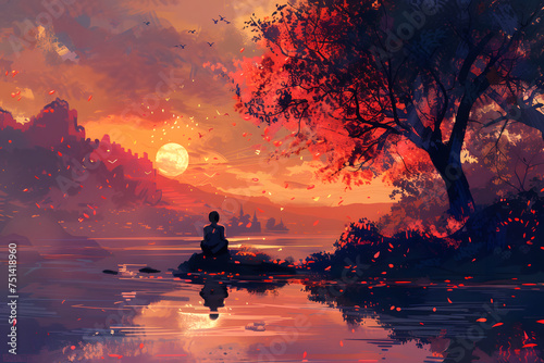 Solitude at Sunset: Reflective Moments by the Lake Illustration