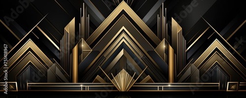 Abstract art deco. Great Gatsby 1920s geometric architecture background. Retro vintage black, gold, and silver roaring 20s texture
