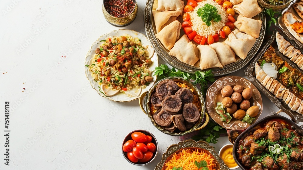 A lavish spread of Middle Eastern cuisine with dishes like kebabs, rice, and samosas arranged on a table.