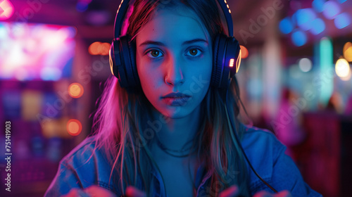 Woman gamer with neon-light headphones.