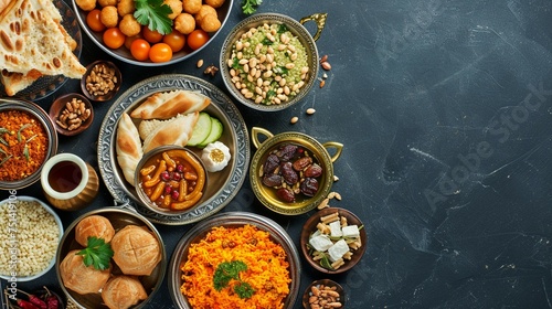 An array of Middle Eastern dishes, including hummus, falafel, and rice, presented elegantly.