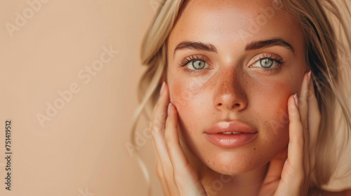beautiful blonde woman with healthy skin looks at the camera 
