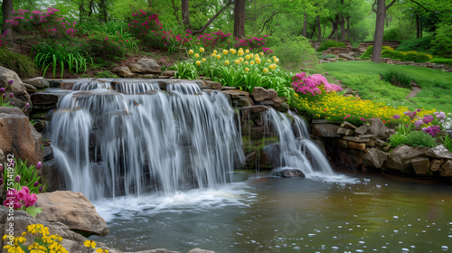 Spring Blossoms by the Waterfall  Captivating Scene with Wildflowers or Cherry Blossoms in Full Bloom