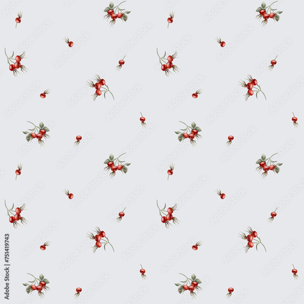 Rose hip red berries, watercolor seamless minimalistic floral pattern on light blue background - obrazy, fototapety, plakaty 