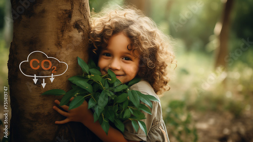 Tree Hugging, Love Nature, Child Hug The Trunk. Cheerful boy hugging tree to save environment. Authentic shot of a happy little girl is hugging a tree trunk and smiling. Concept of love for nature.
