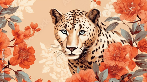Leopard in flowers looks close-up into the camera, drawing on a beige background, 2D wallpaper style