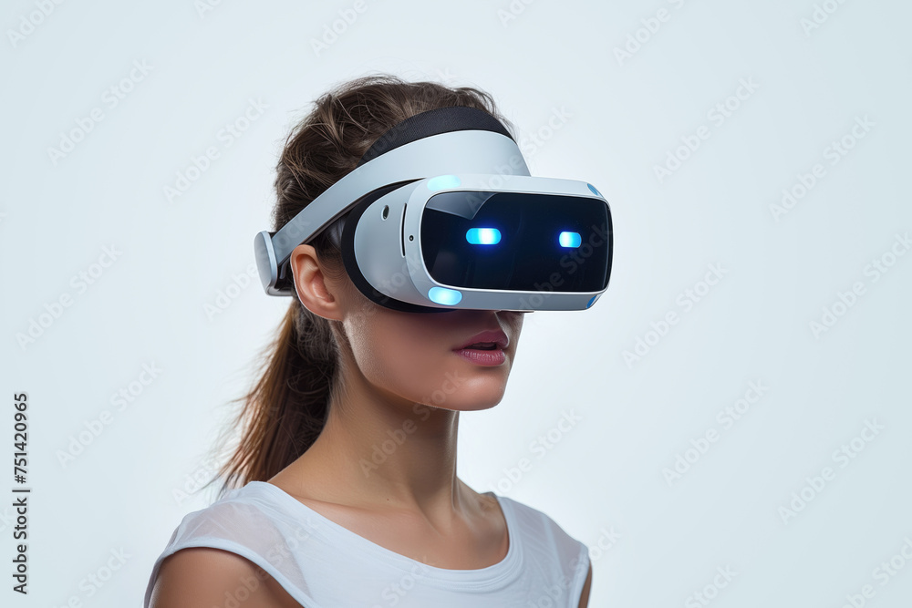 young woman wearing virtual reality headset on white background young woman wearing virtual reality headset on white background