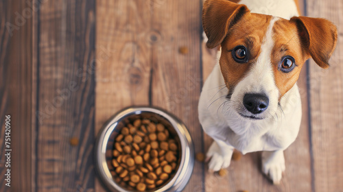 An attentive Jack Russell Terrier looks up expectantly  waiting to eat from a full bowl of dog food on a wooden floor.