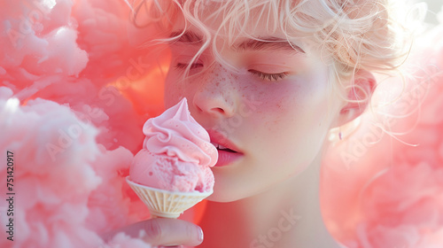 Close-up of woman enjoying ice cream. Close-up of a young woman's lips tasting a melting ice cream cone. Playful and carefree moment on a hot summer day. Banner format, poster design. photo