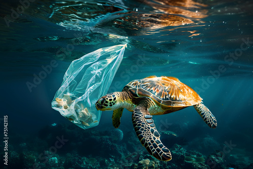 Plastic waste pollution underwater. Turtle under the sea next to a plastic bag