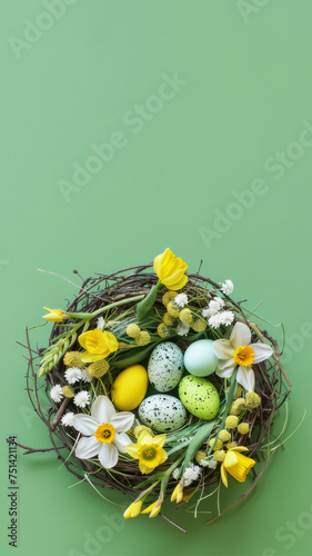 Easter theme, bird nest with delicate spring flowers on pastel background.  photo