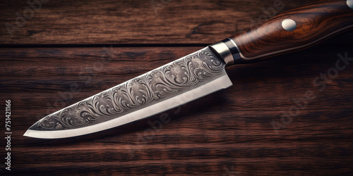 Kitchen Knife made of damascus steel on a table