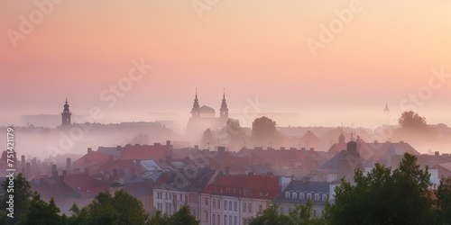 Earopean City With Mist Above Houses, In Early Morning