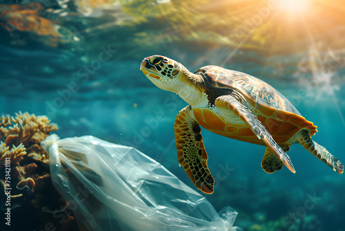 Plastic waste pollution underwater. Turtle under the sea next to a plastic bag