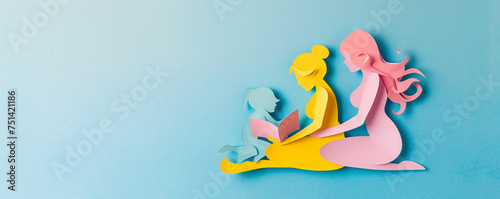Cute gay lesbian couple two women reading with baby son daughter pastel color blue yellow pink papercraft mother's day family love copy space illustration photo