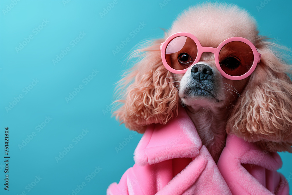 Fashionable poodle in pink sunglasses. Close-up portrait of stylish dog dressed in a pink coat and sunglasses posing as a human on a blue background. Costume, fashion, fun. Creative animal concept.