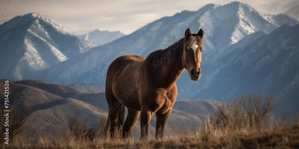 Beautiful Domestic Horse In A Valley Against Amazing Mountain Landscape View Beautiful Domestic Horse In A Valley Against Amazing Mountain Landscape View