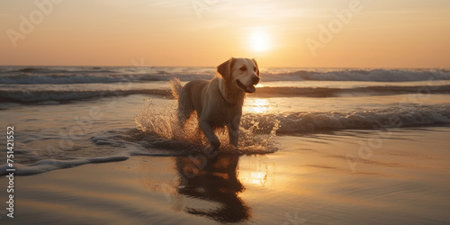 Labrador dog swimming in ocean water during sunset.
