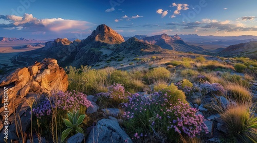 An enchanting morning panoramic scene highlighting cliffs, beaches, rivers, and lush foliage under a clear sky. An excellent choice for a calming nature wallpaper. photo