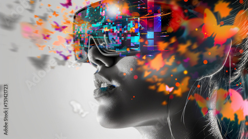Woman exploring new dimensions of reality through VR goggles, navigating a digital art exhibit, playing a video game or learning through a cutting-edge educational program. Concept of virtual world.  © Natasa