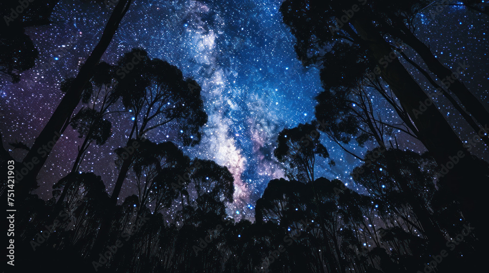 Starry Night Sky Above Silhouetted Pine Trees - obrazy, fototapety, plakaty 