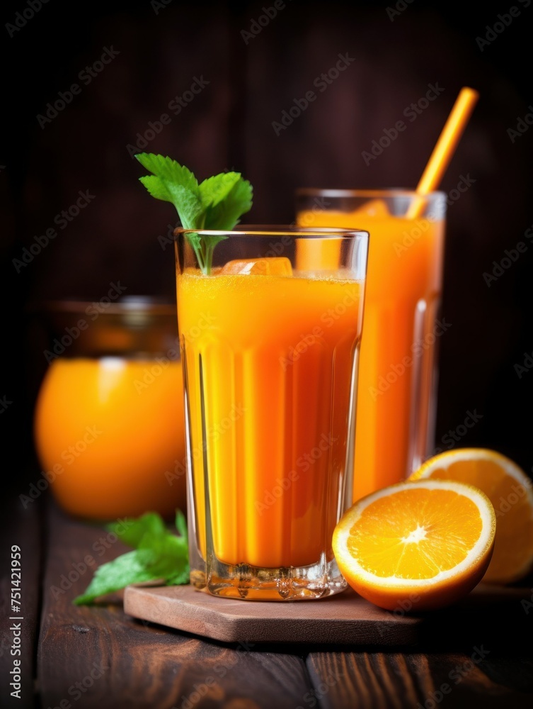 Fototapeta premium orange juice from pumpkin, orange, lemon, tangerine. glass glass with mint twigs. juice concept, freshly squeezed, dark background, vertical