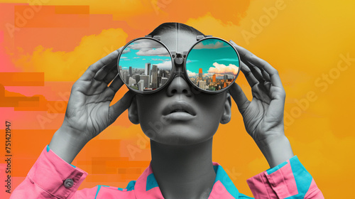 Collage of futuristic vision of electronic urban landscapes. Woman looking through binoculars that reflect a vivid urban skyline. Exploring the intersections of technology, fashion and urban imagery.