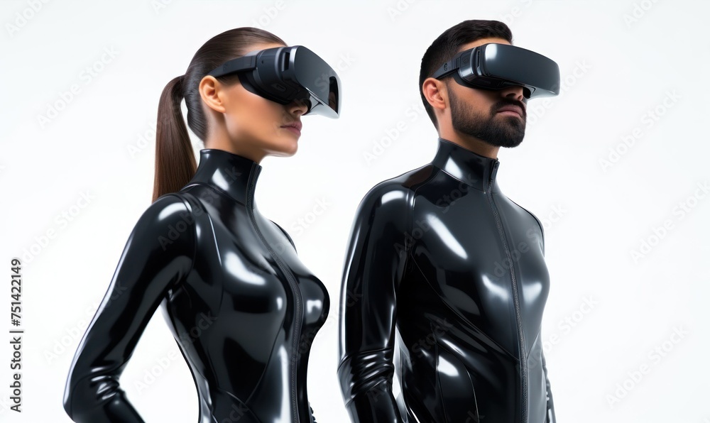 man and woman two spies in tight-fitting futuristic spy black galaxy suit wearing VR virtual reality glasses looking to the side on white background man and woman two spies in tight-fitting futuristic spy black galaxy suit wearing VR virtual reality glasses looking to the side on white background