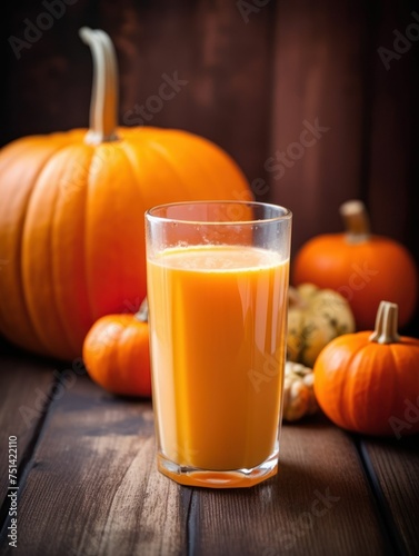 pumpkin juice in a glass. against a background of pumpkins and dark