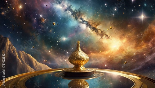 fountain in the night, key of destiny set against a backdrop of an interstellar nebula revealing secrets of the cosmos
