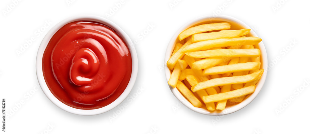 Bowls of ketchup mayonnaise and mustard few fries isolated on transparent background, top view
