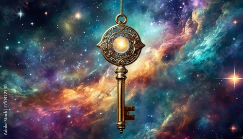 key of destiny set against a backdrop of an interstellar nebula revealing secrets of the cosmos