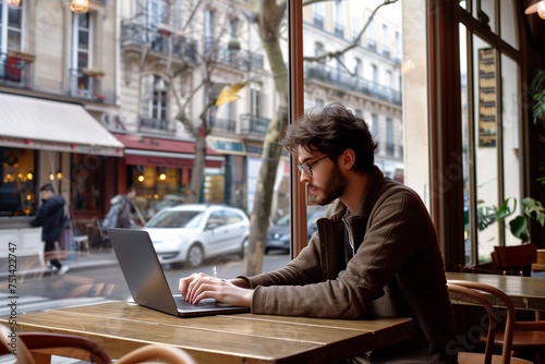 Entrepreneurial startup spirit of a digital nomad working on a laptop at a cafe, blending business with Parisian charm.