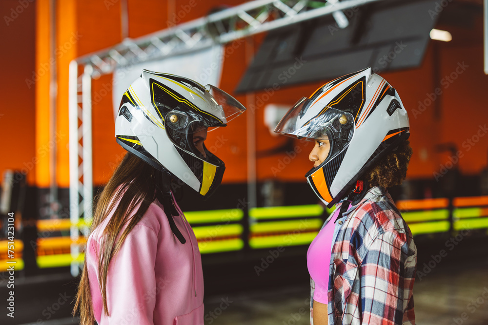 Go-Kart Racers helmet challenge fight two women staring at each other to win