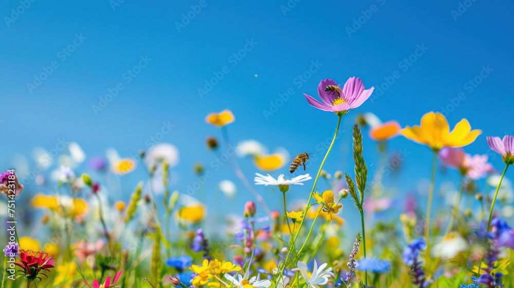 Wildflowers and Bee Under Bright Blue Sky