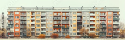 isolated multi flat building with color facade and lots of windows
