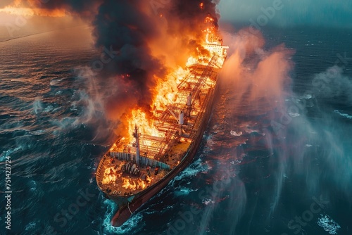 Aerial view of burning bulk carrier ship with black smoke