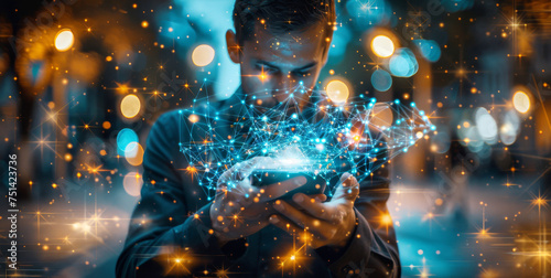 Illuminated Digital Ecosystem Concept via Smartphone. User holding a smartphone with a vibrant display of interconnected digital particles. © AI Visual Vault
