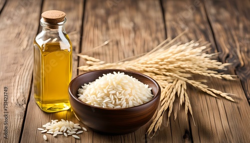 Rice bran oil in bottle glass and unmilled rice on wooden background
 photo